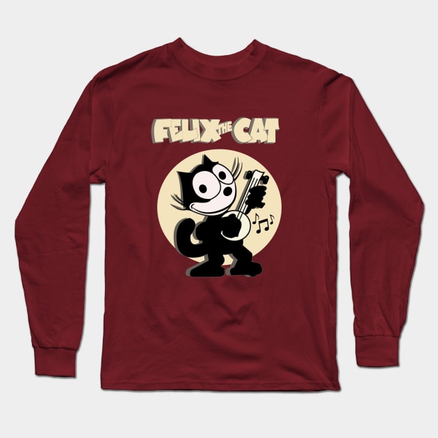 Banjo Playing Musical Felix Old School Retro Cat Cartoon Art Long Sleeve T-Shirt by VogueTime